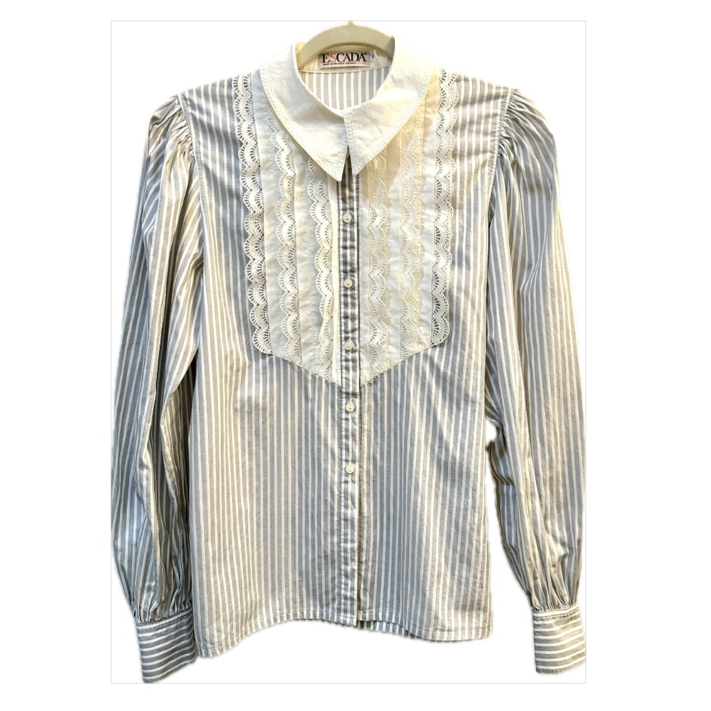 Escada Vintage Blue White Striped Lace Button-Down Shirt Size 36 Small